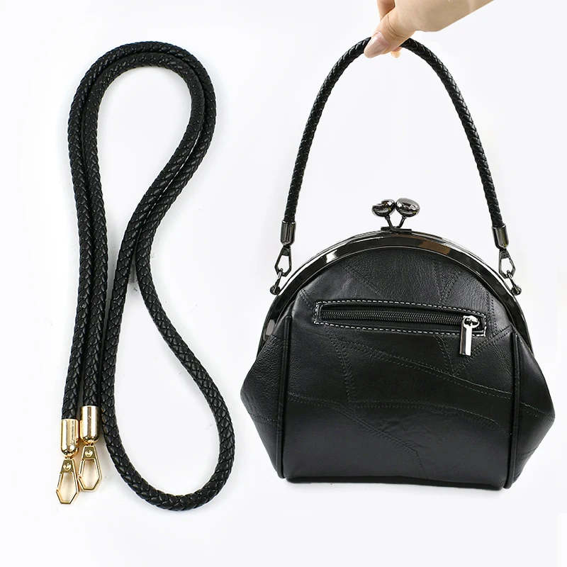 1/2Pcs 30-120cm Black PU Leather Bag Round Rope Handbag Handle Metal Buckle Chain Woven-bag Shoulder Strap Replace Accessories