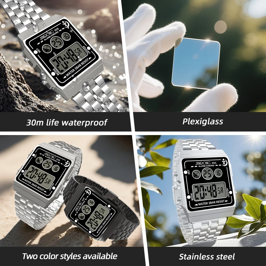 ساعة رقمية من الفولاذ المقاوم للصدأ للرجال - شاشة LED متعددة الوظائف، كرونوغراف مضيء مع منبه، (30 متر)، طراز كاجوال