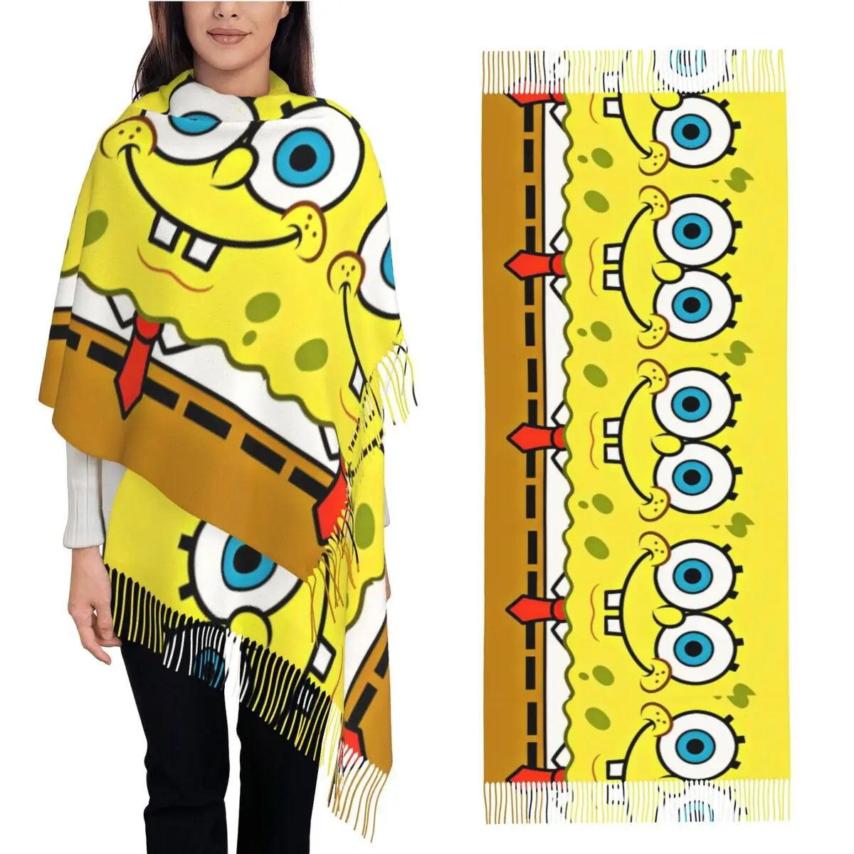 Cartoon SpongeBob SquarePants Scarf Warm Soft Shawl Wraps with Long Tassel Female y2k Large Scarves Winter New Design Bandana