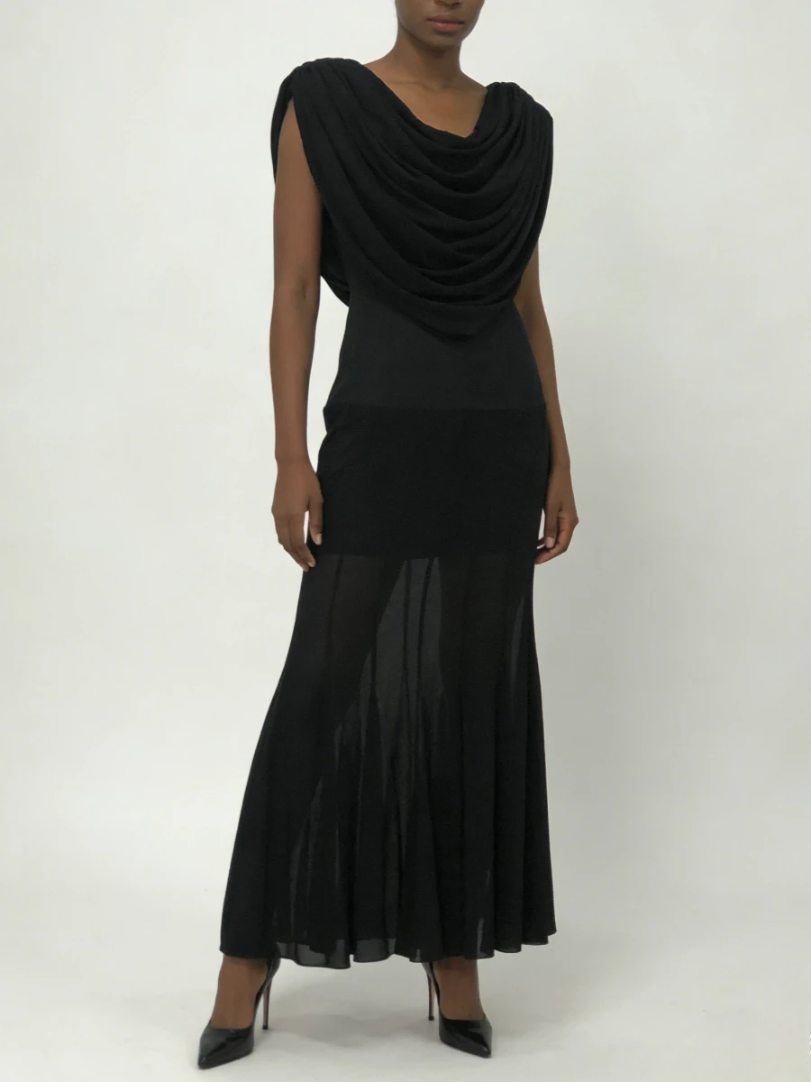 VGH Black Loose Spliced Folds Chic Dresses for Women V Neck Sleeveless Gentle Intellectual Dress Female Summer Fashion New Style