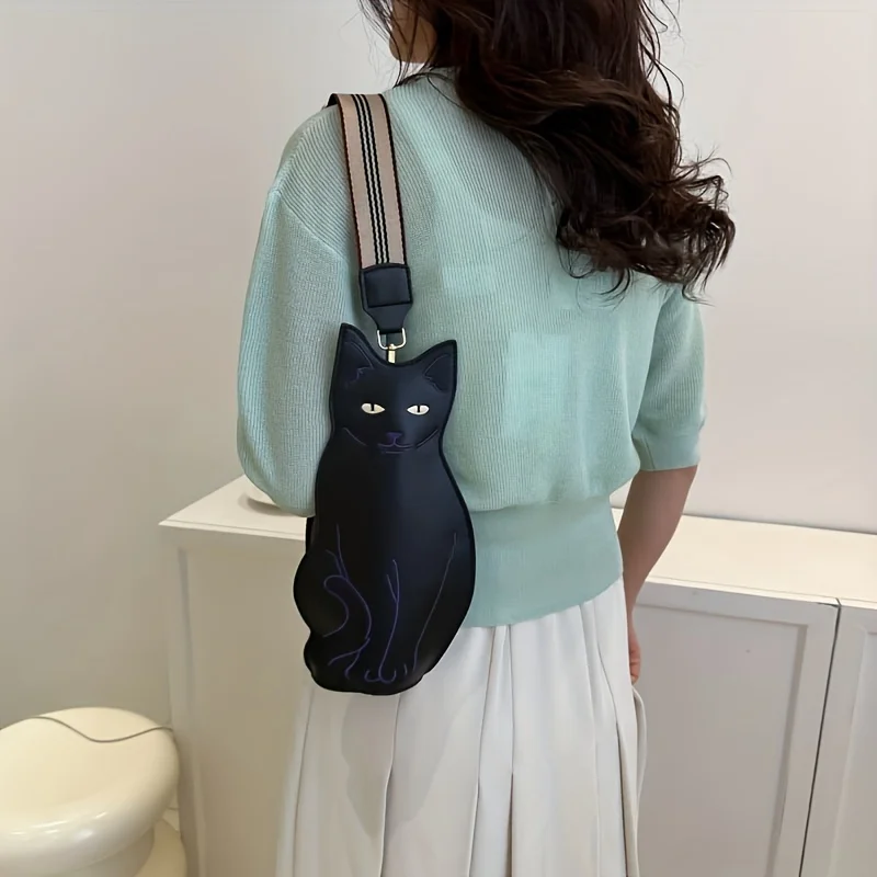 Outdoor-Reise Schwarze Katzenförmige Brusttasche Niedliche Cartoon-Anime-Umhängetasche Kunstleder Crossbody-Tasche – Detail 2