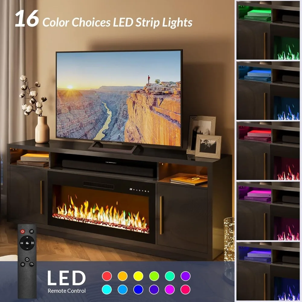 Supporto TV con camino da 70" per TV fino a 80", centro di intrattenimento con luce a LED con stufa elettrica per camino da 36", armadio portaoggetti
