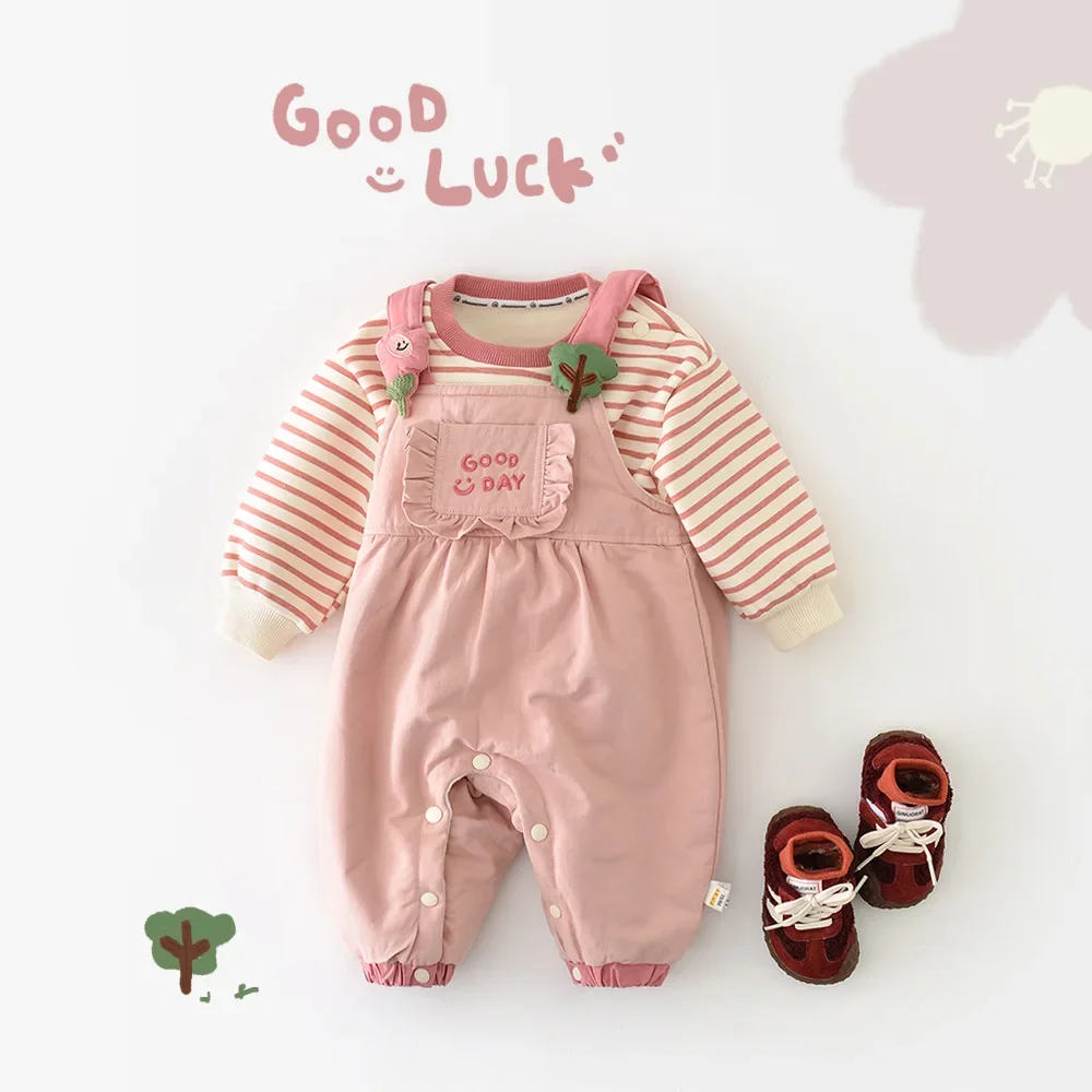 

MILANCEL новые зимние детские розовые комбинезоны для детей от 6 месяцев до 3 лет, милый комбинезон с буквами и цветочным узором для девочек, свободный комбинезон с флисовой подкладкой для малышей