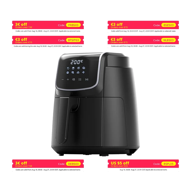 Midea Air Fryer Airfryer Freidora de aire caliente sin aceite, 4L, 1500W, 8 modos de cocina, 35-200 °C, para hornear, asar, asar, descongelar, agitar y con alarma
