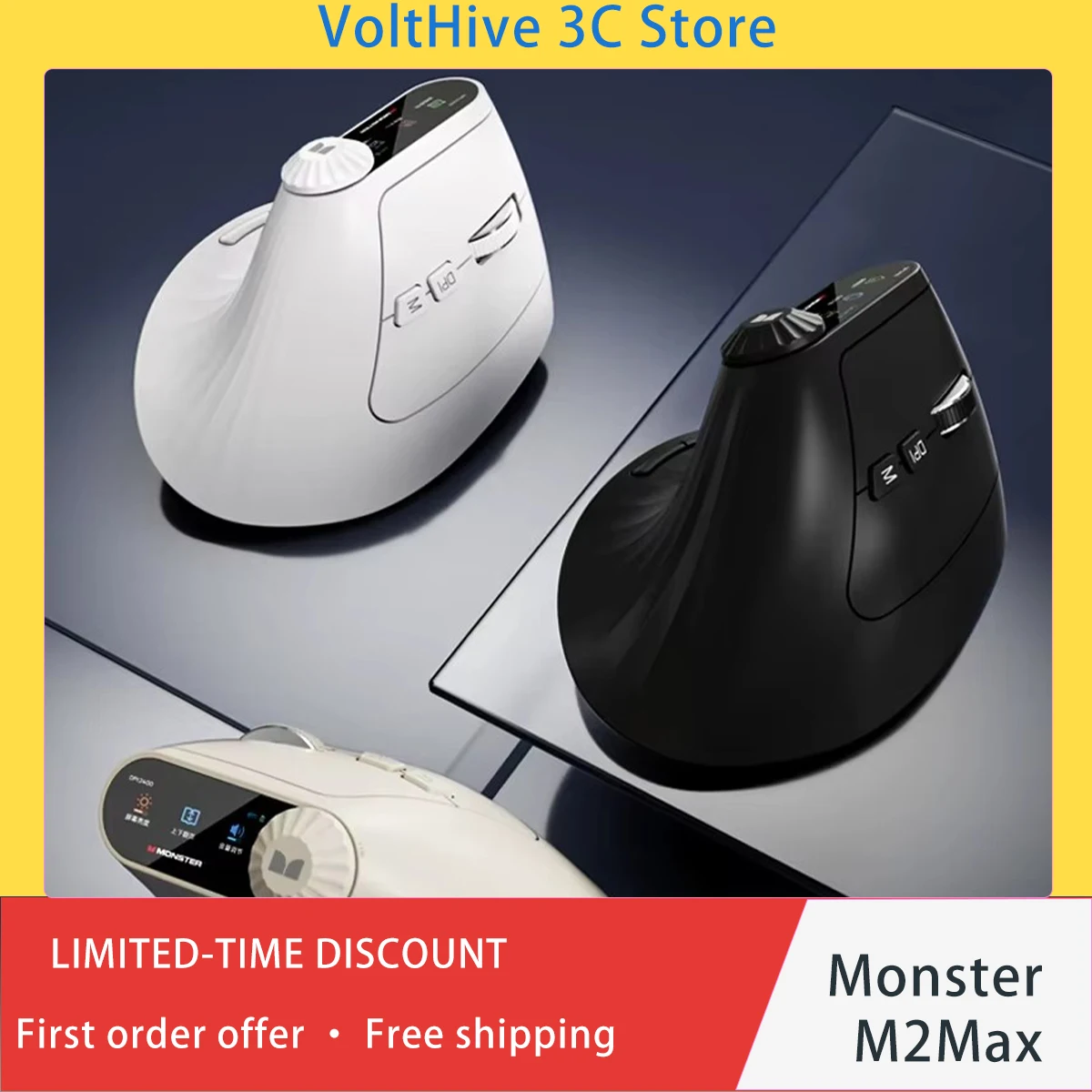 Monster M2Max Ergonomic Vertical Mouse Smart Display Dual Mode 2.4G Bluetooth Adjustable DPI Wireless for PC Laptop Gamer Gift