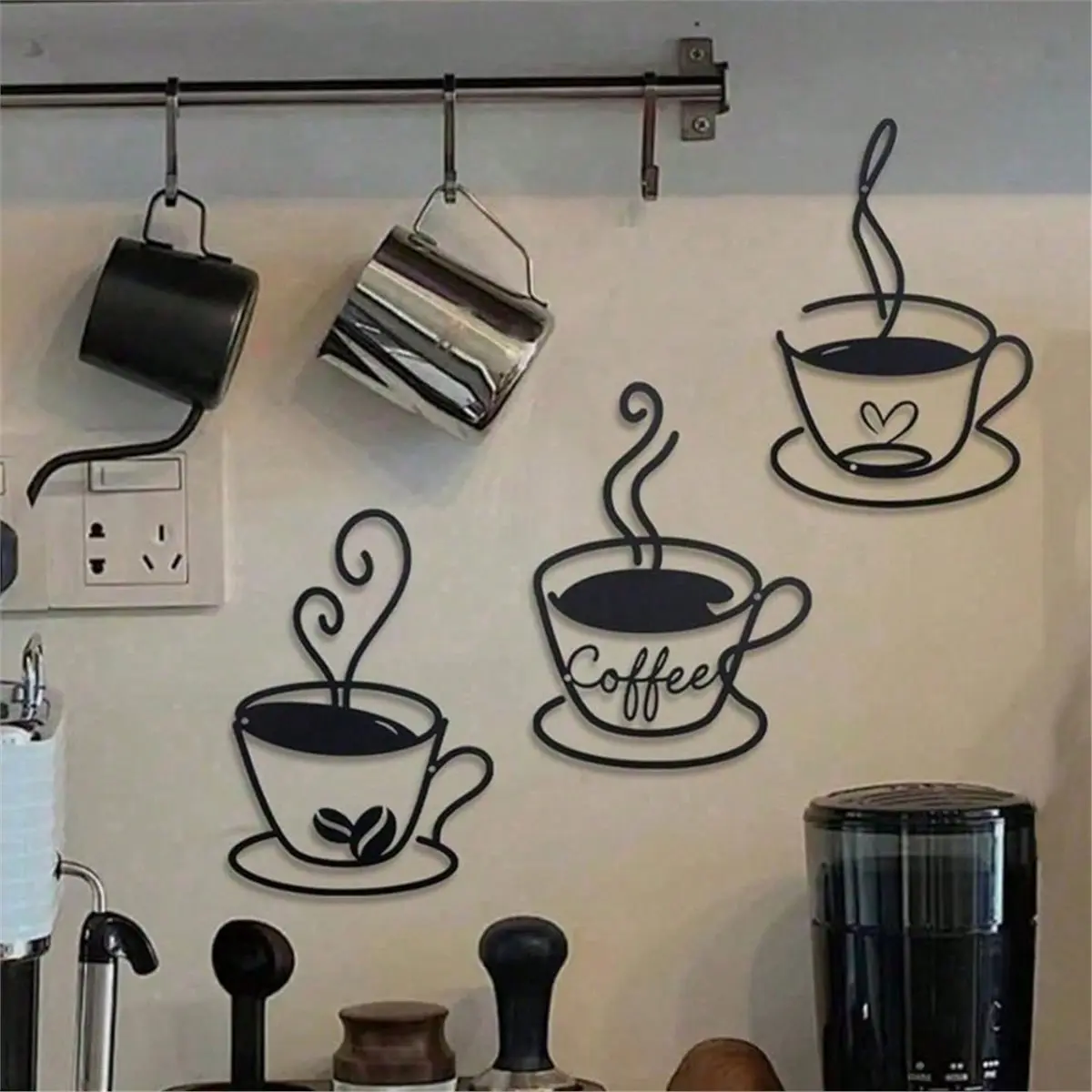 Time Saving Metal Coffee Cup Wall Art - Set of 3 Vintage Black Coffee Mug Decor for Kitchen, Coffee Bar, Cafe, Restaurant