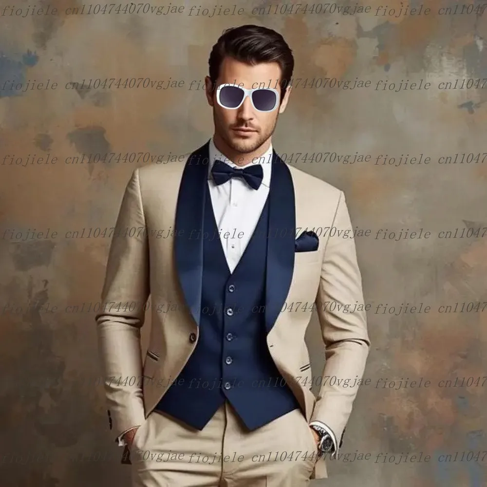 

Бежевый и темно-синий мужской костюм, официальная свадебная вечеринка, жених, жених, деловые мужские смокинги, индивидуальный комплект из трех предметов, куртка, жилет, брюки