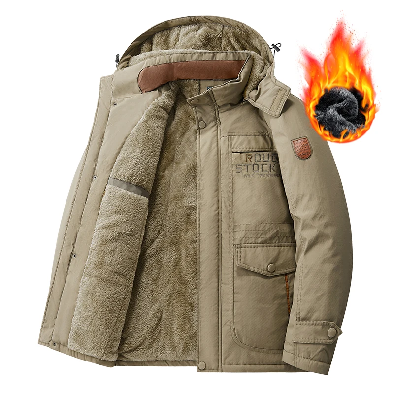 

Men Keep Warm Casual Fleece Coat Winter Windproof Simplicity Thicken Parka New Outdoors Fashion Detachable Hat Solid Jacket Men