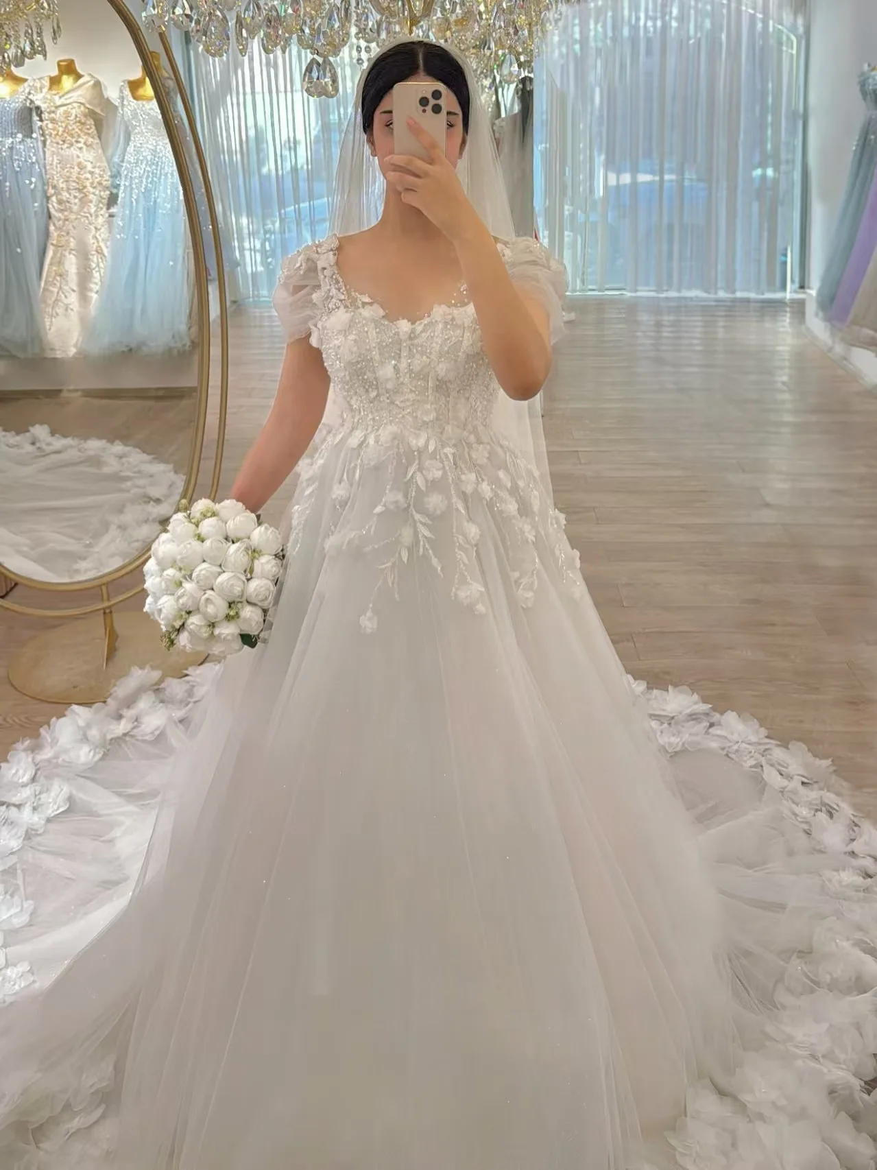 Customized Romantic A Line V Neck 3D Floral Wedding Dress Sexy Lace Bodice Bridal Gown Cap Sleeve Vestido Novia
