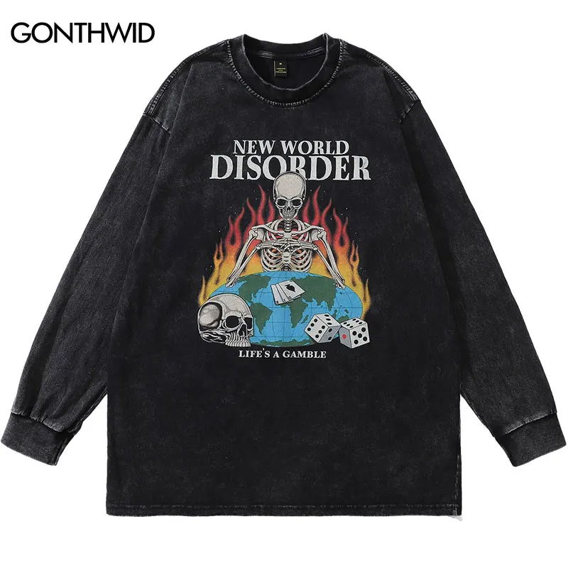 

Men Long Sleeve Tshirt Hip Hop Flame Skull Skeleton Poker Print Punk Gothic Distressed Wash T-Shirts Harajuku Cotton Streetwear