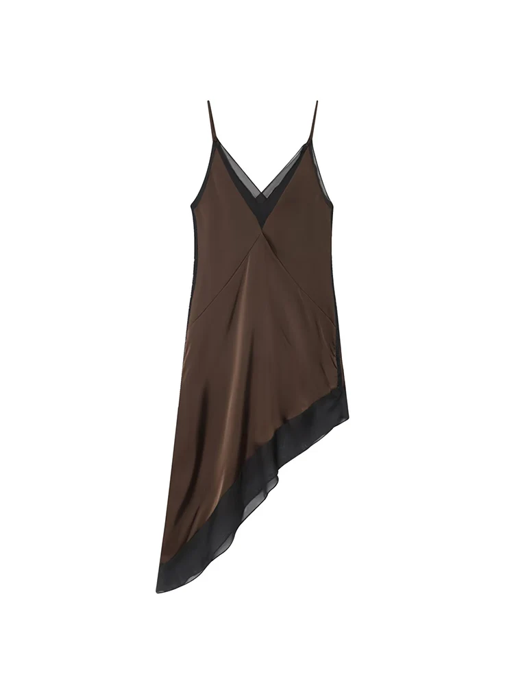 ﻿ TFMLN Women's Asymmetry Satin Dress 2026 New Chic Elegance Sexy V-neck Sling Evening Fashion Irregular Hem Splice Midi Dress