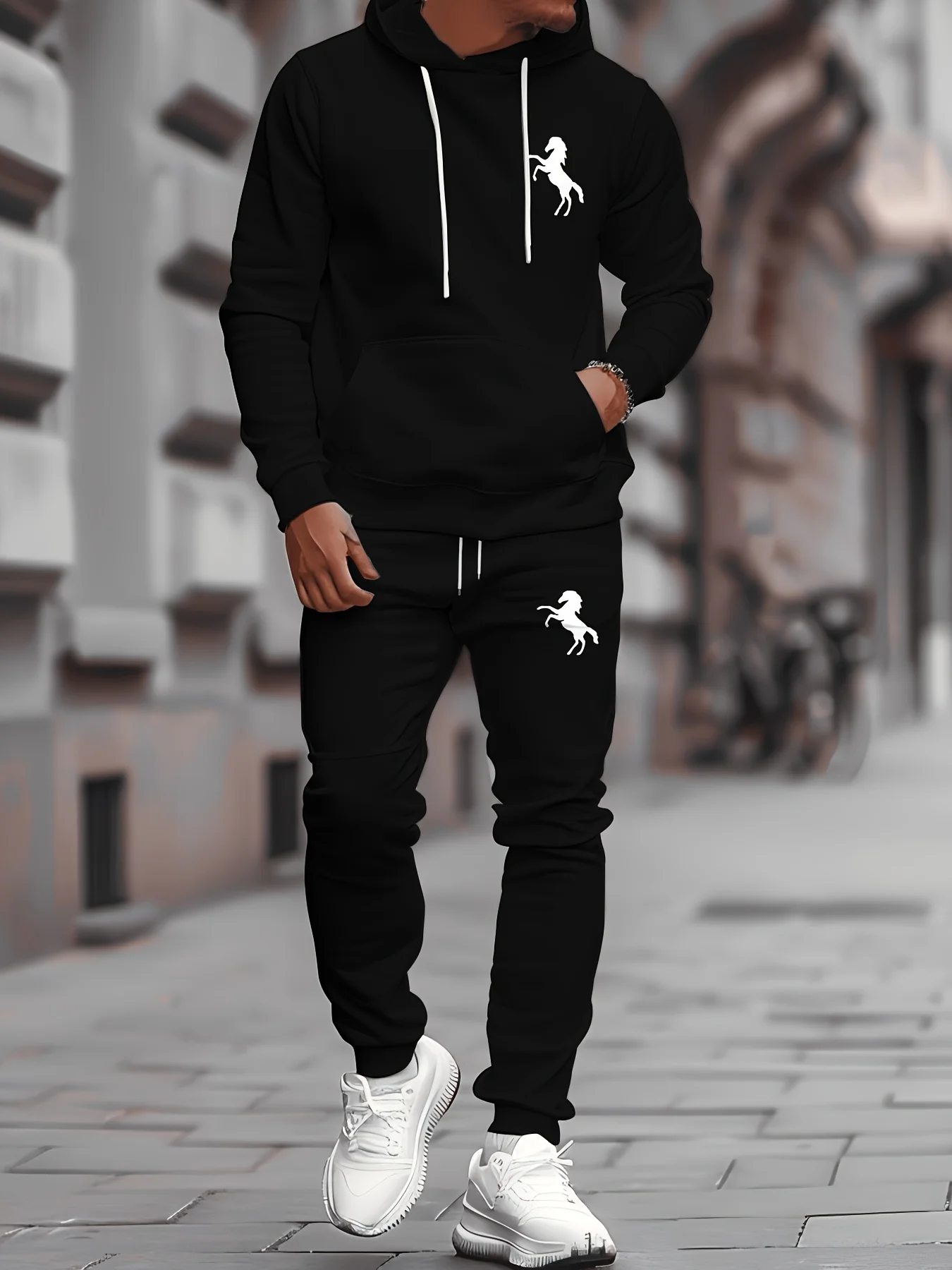 Men's Hooded Sweatshirt & Jogger Set White Horse Print Casual Streetwear Regular‑Fit Stretchy Fabric For Fall Winter Casual Wear