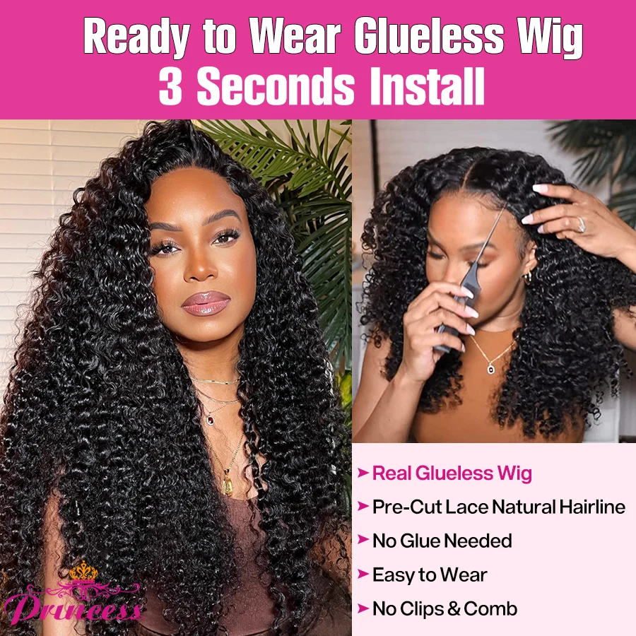 Princess Hair Glueless Wig Human Hair Ready to Wear Pre Cut Lace Brazilian Curly Human Hair Wig With Pre plucked Hairline