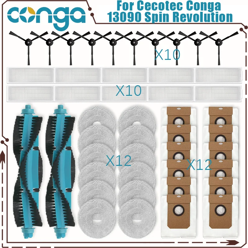 

Compatible For Cecotec Conga 13090 Spin Revolution Home Spare Parts Main Side Brush HEPA Filter Mop Cloth Dust Bag Accessories