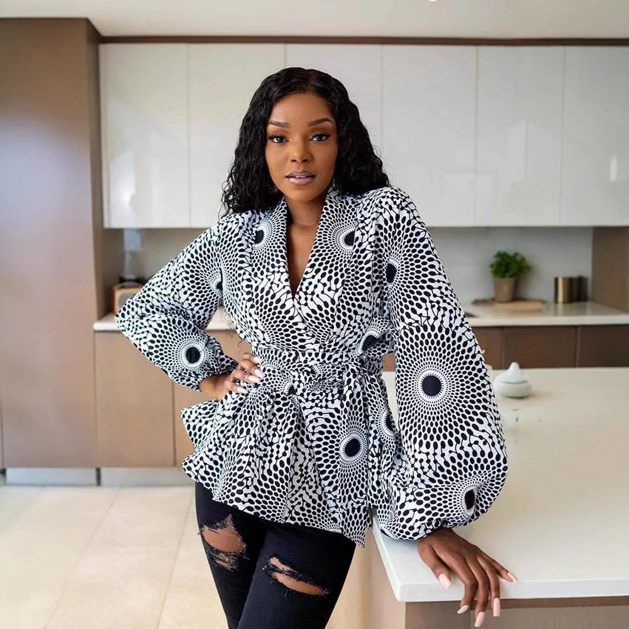 African Style Digital Print Cardigan Strap Women's Lantern Sleeve V-Neck Coat Long Sleeve Top Ropa Mujer