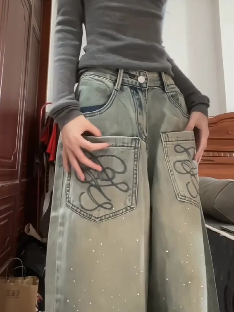 

Y2k American Hot Girl Retro Pattern Embroidered Rhinestone Hip Hop Gothic Jeans Women High Waist Loose Fashion Casual Streetwear