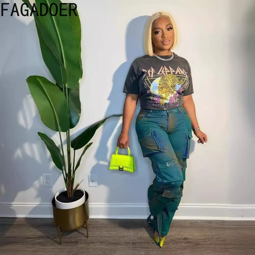 Fagadoer Mode Tie Dye Print Zak Denim Cargo Broek Vrouwen Hoge Taille Knoop Wijde Pijpen Jean Broek Casual Recht Broekje