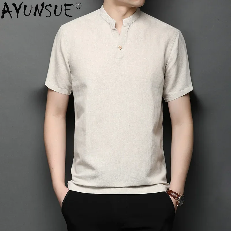 2024 Summer Men T Shirt Stand Collar Short Chinese Cotton Tshirts Men Clothing Casaul Shirts Polo White Polos Hombre WPY3762