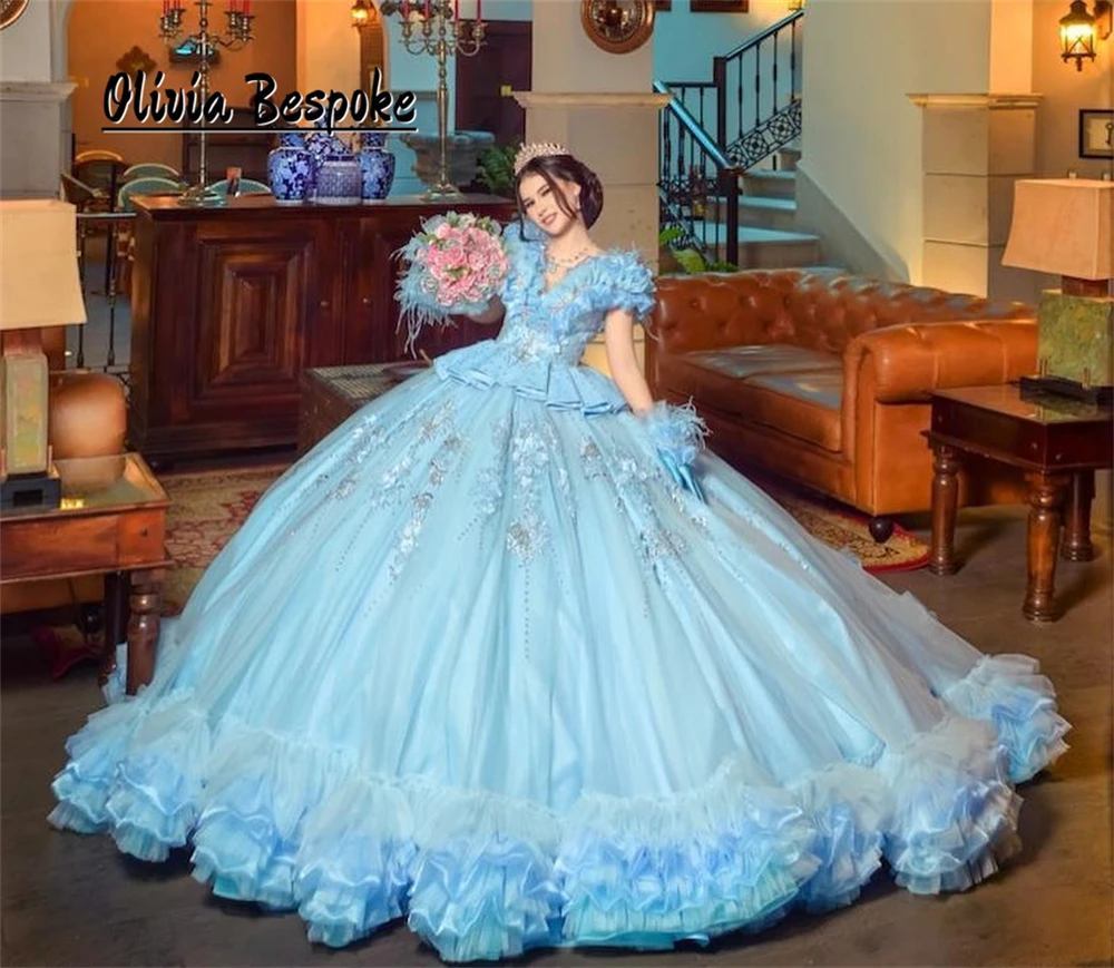 Engaging Blue Feathers Princess Quinceanera Dresses Beaded Lace Appliques Ruched Train Ball Gown With Gloves Birthday Dress