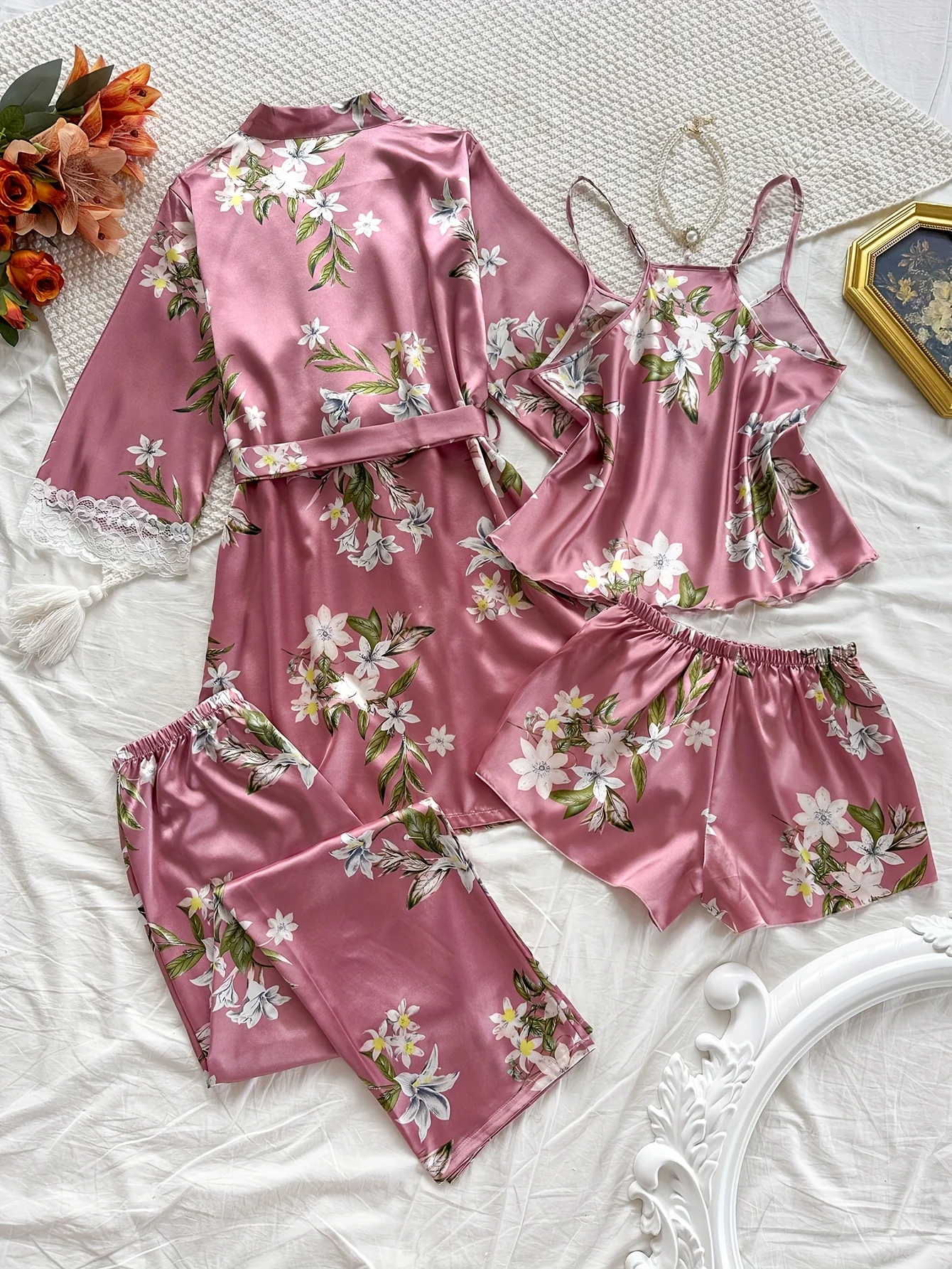 

Women's Pajama[Elegant Pajama] 4pcs Elegant Floral Print Women's Pajama Set | with Robe, Camisole and Shorts for All SeasonsPija