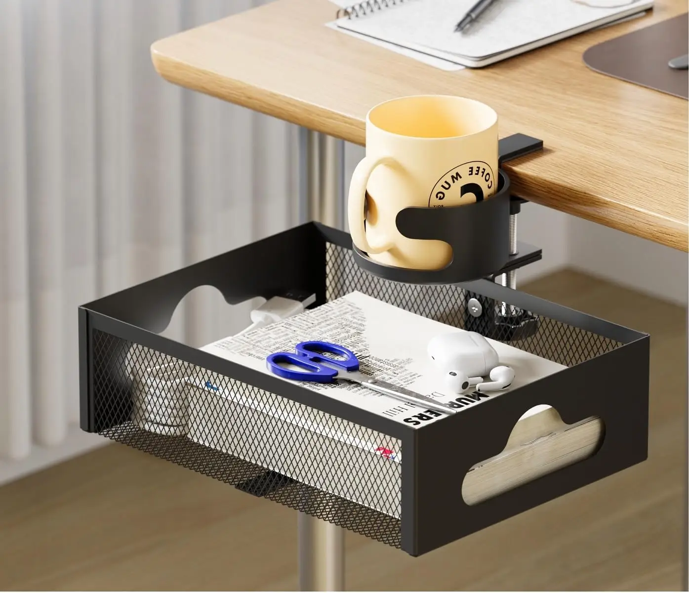 360° Rotary Under Desk Drawer With Cup Holder, 2 in 1 Anti-Spill Cup Holder & Storage Rack, Punch Free Metal Storage Box