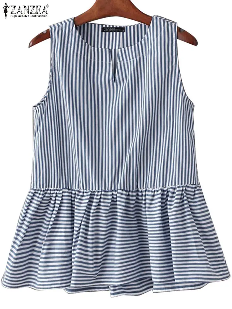 ZANZEA Korean Sleeveless Tanks Women Stripe Patchwork Camis Tunic 2024 Summer V-neck Pleated Tank Tops Holiday Loose Sweety Vest