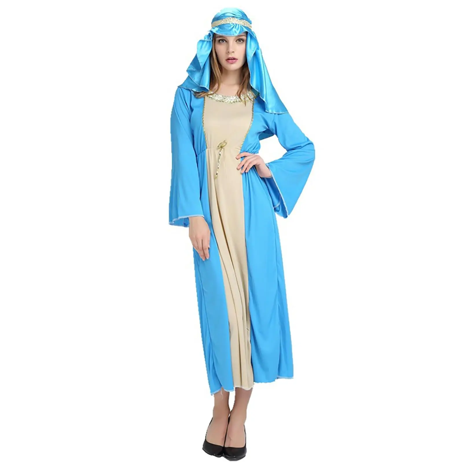 

Женское этническое платье, синий, бежевый кафтан с капюшоном и рюшами, древние костюмы для косплея, вечерние комплекты 2026, стильный модный наряд Abito