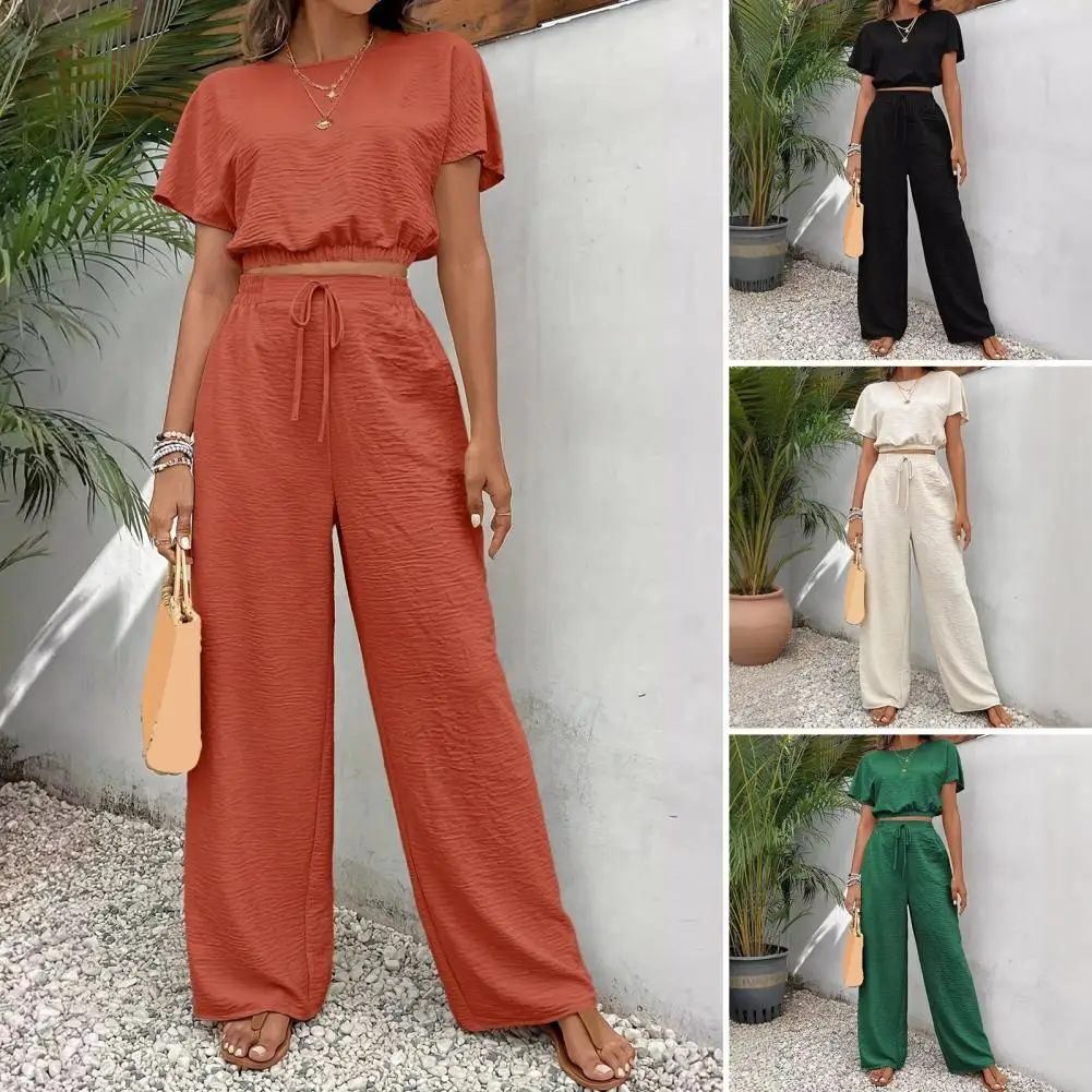 

2Pcs/Set ﻿ Women's Solid Two-piece With Solid Color Sleeveless Top Fashionable Lace Up Pants Set High Waist Long Trousers Set