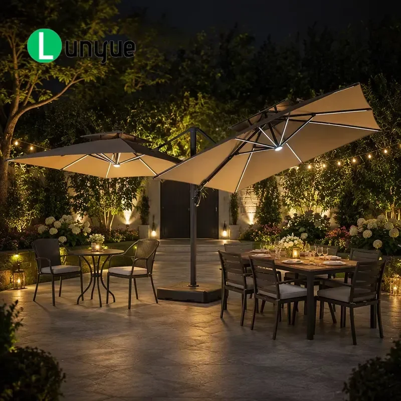 Unique Double Ended Cantilever Roman Umbrella 3x3m Aluminum Parasol with LED Lights for Outdoor Terrace Restaurant Patio