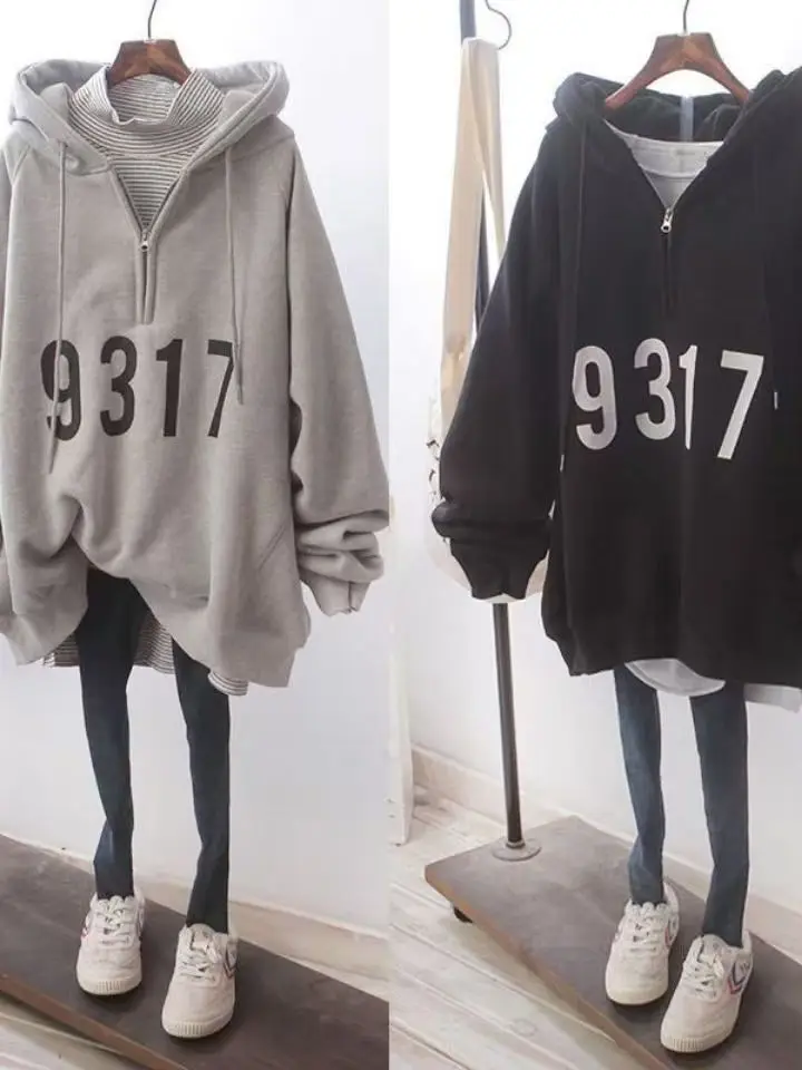 

Женский длинный свитшот размера плюс с капюшоном Све Fce на подкладке на молнии, осенне-зимний корейский свободный крой