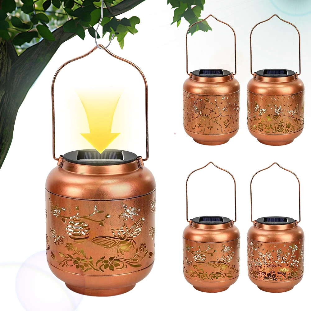 

LED Hollow Iron Decor Light Warm Light Wrought Iron Solar Light Hollowed Hanging Light for Patio Yard Lawn Backyard Decor