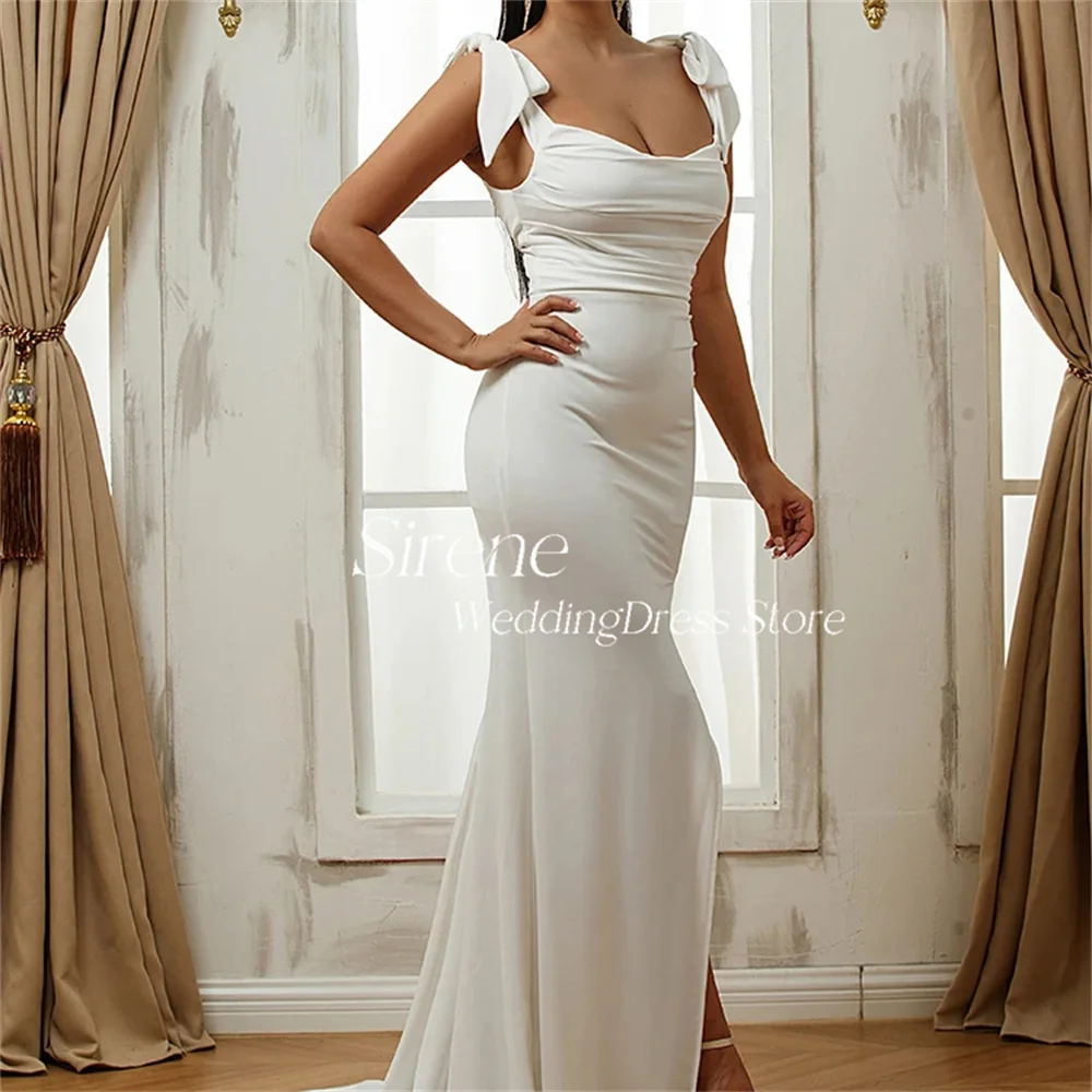 Sirene semplice papillon Spaghetti Strap collo quadrato macchia pieghettata abiti da sposa Sexy spacco laterale alto sirena Backless abito da sposa