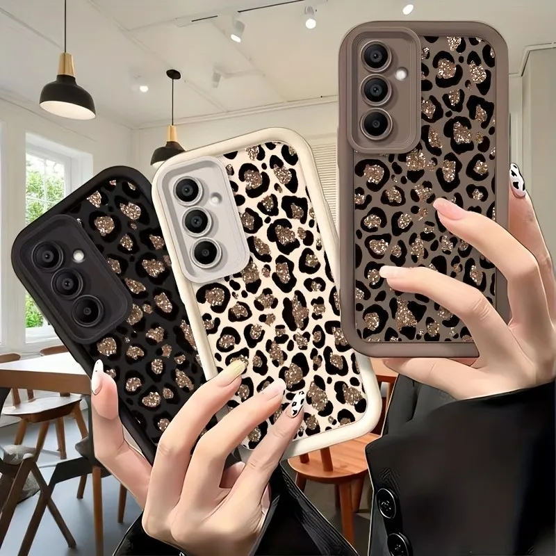 Glitter Leopard Print Silicone Phone Case For Samsung Galaxy A73 A72 A71 A56 A55 A54 A53 A52 A51 A50 Raised Border Back Cover - view 6