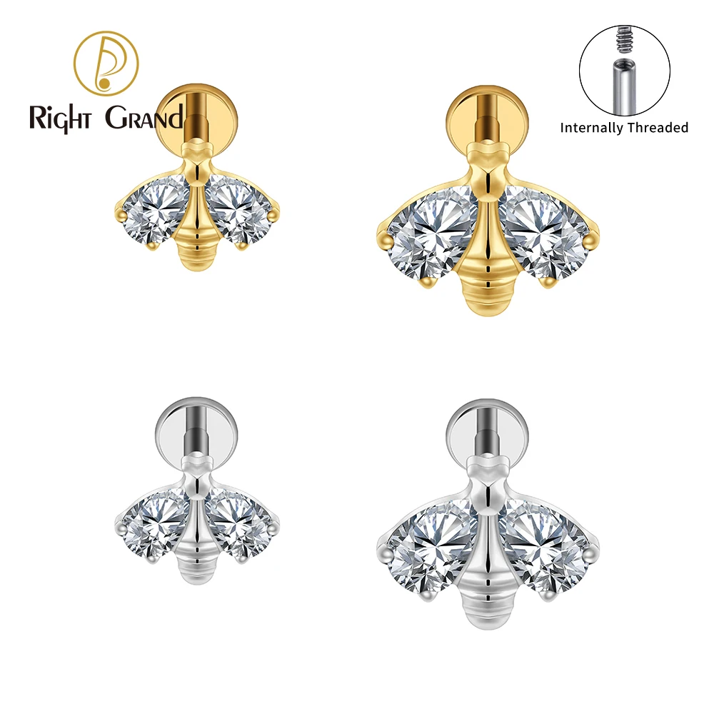 Right Grand Piercing de Orelha/Nariz em Titânio ASTM F136 – Modelo Abelhinha (Honey Bee) – Rosca Interna – Haste 16G – Base Plana (Flat Back) – Para Helix, Tragus ou Nariz