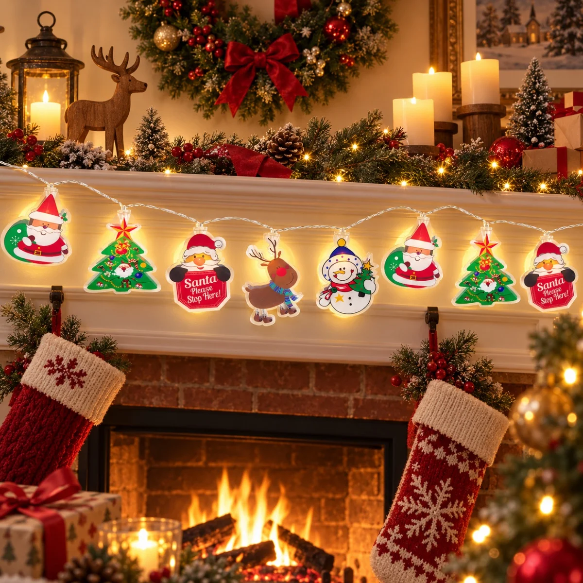 1pc Cartoon Christmas String Light Santa Snowman Reindeer 10/20LED Fairy Lights Battery Operated for Indoor Home Party Decor