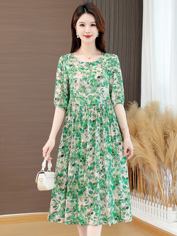 فستان صيفي جديد لعام 2025 بتصميم فضفاض ومقاس كبير، أنيق وعصري من القطن والحرير الصناعي، تنورة متوسطة الطول للسفر