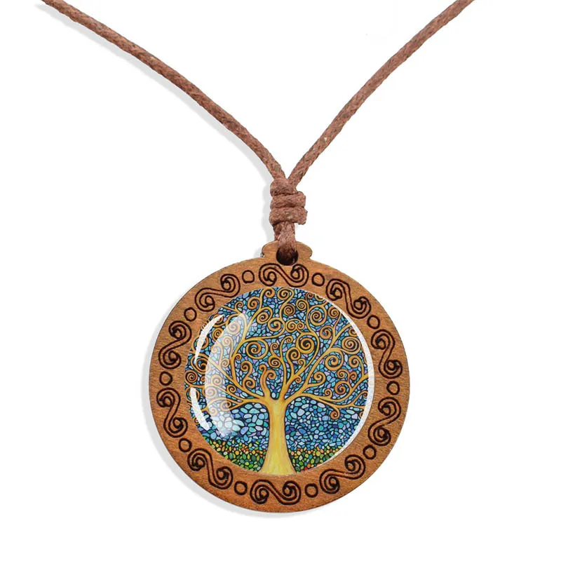 Tree of Life Wooden Necklace Cabochon Glass Wood Pendant Women Family Life Tree Art Jewelry Wax Rope Chain Necklaces Gift