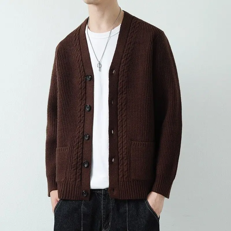 Men V Neck Cable Knit Cardigan Single Breasted Long Sleeve Sweater Coat With Pockets