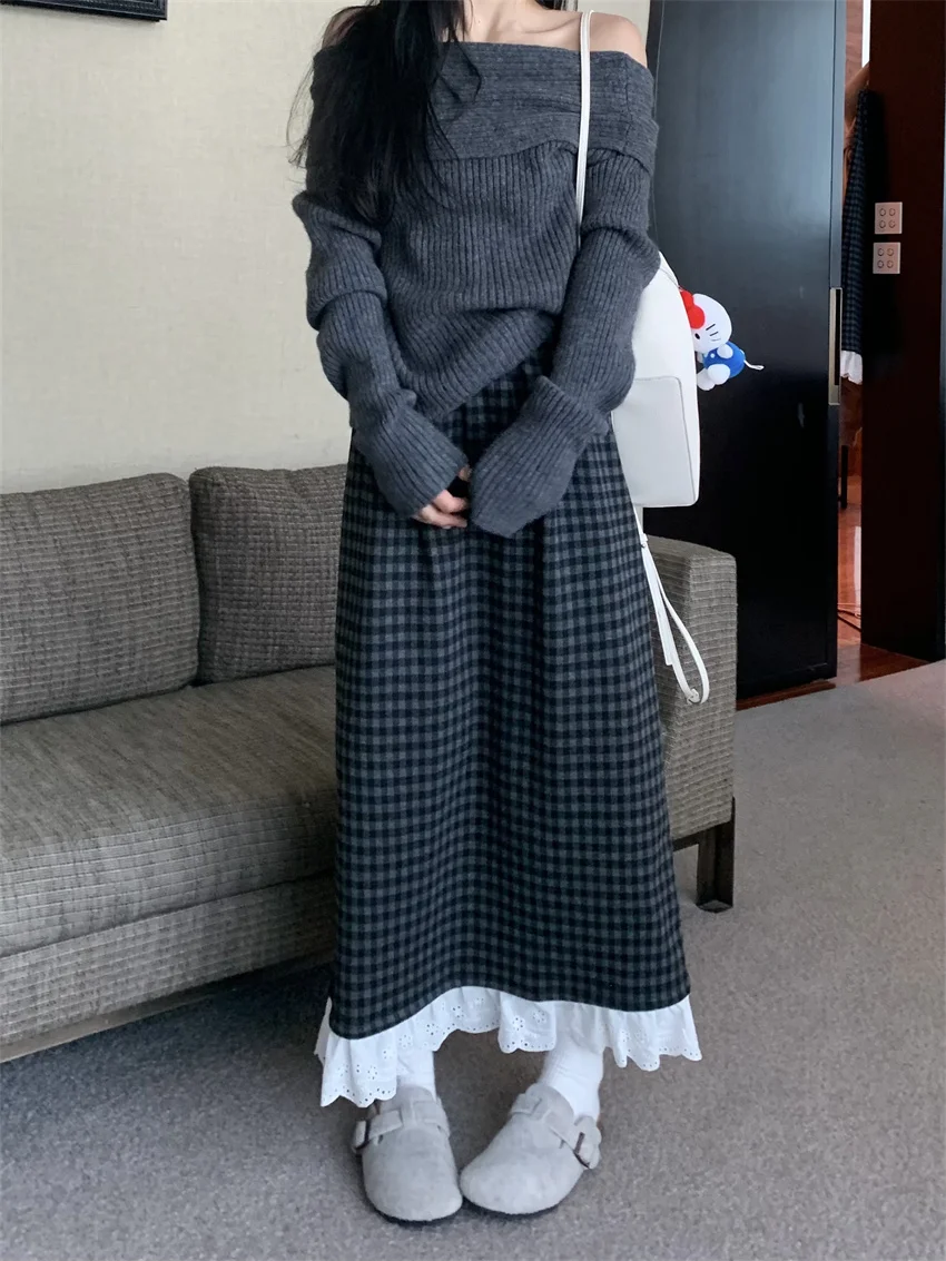 Alien Kitty Daily Plaid Inverno Maxi Gonne Donna Vintage Vita alta Slim Nuovo Allentato Office Lady Inverno Chic Casual Ruffles Dolce