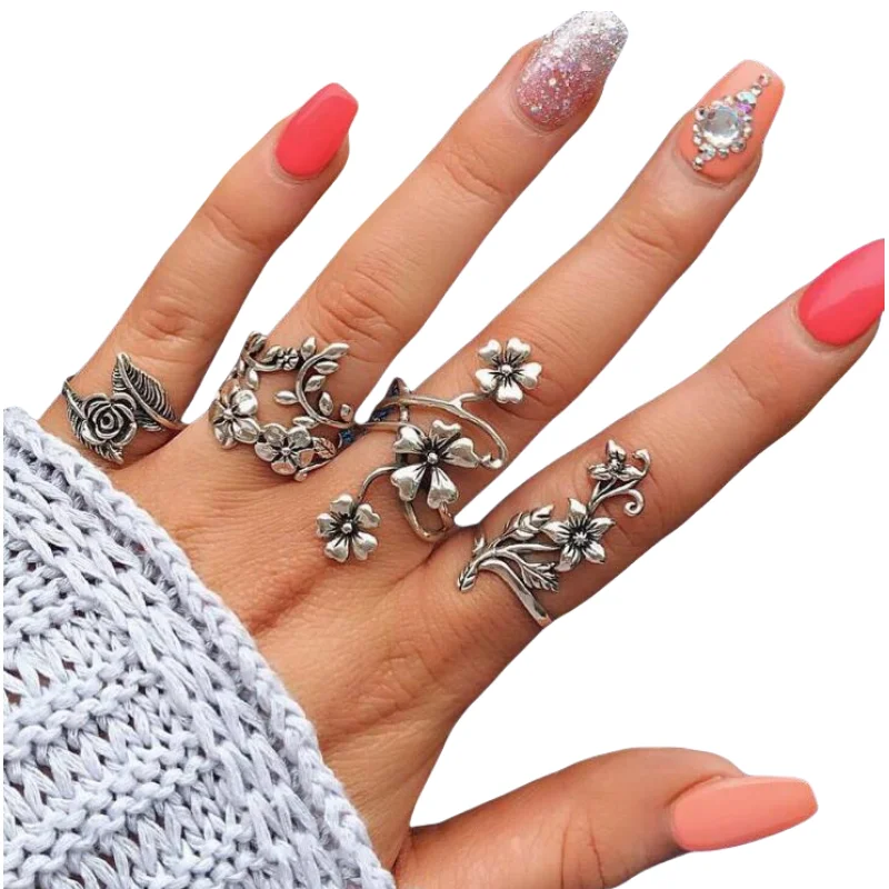 Bagues bohèmes sculptées pour hommes et femmes, bague fleur du cuir chevelu de la forêt, vintage,