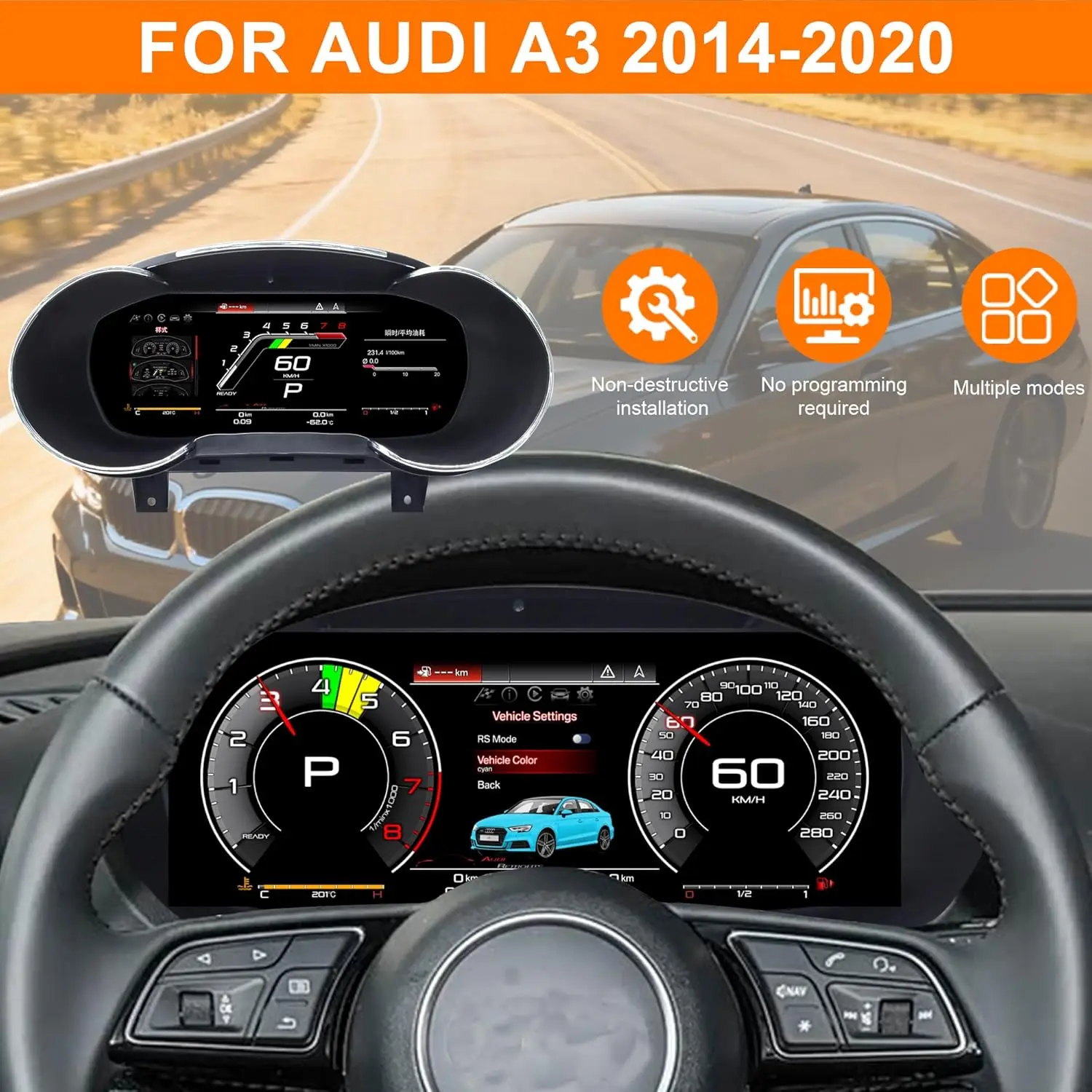 Digital Instrument Cluster for Audi A3 V8 2014-2020 CarPlay Android Auto Speedometer,Dashboard 12.3'' HD virtual cockpit LCD view 2