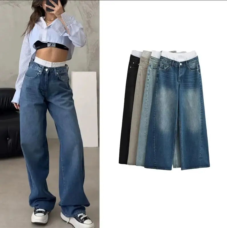 Pantalones vaqueros con diseño de bloqueo de retazos de calle, pantalones vaqueros elegantes de pierna recta, holgados, de pierna ancha