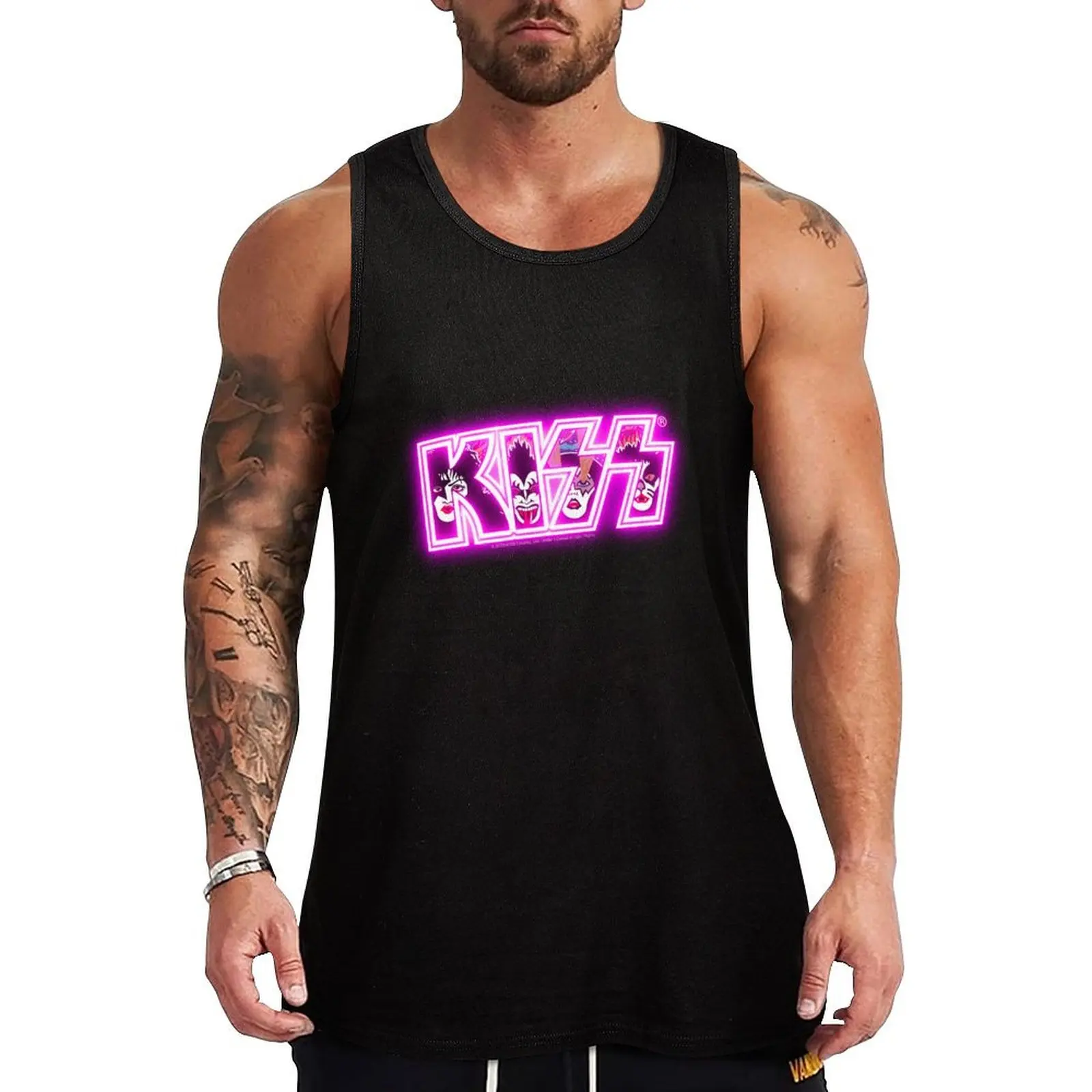 

KISS  rock music band - Rock and Roll Over Neon Pink Tank Top t-shirts man Men's t-shirts gym training accessories T-shirts men