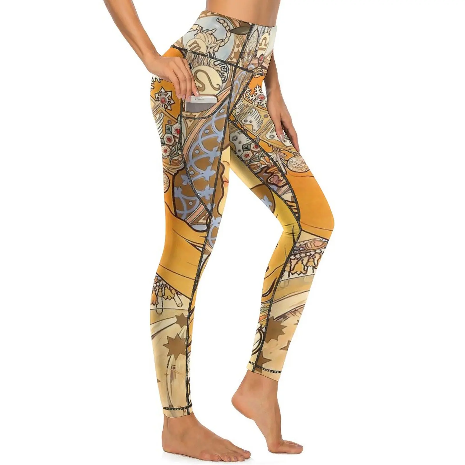 Alphonse Mucha Zodiac Art Nouveau Leggings Workout Gym Yoga Pants Push Up Elegant Leggins Design Sport Legging Birthday Gift