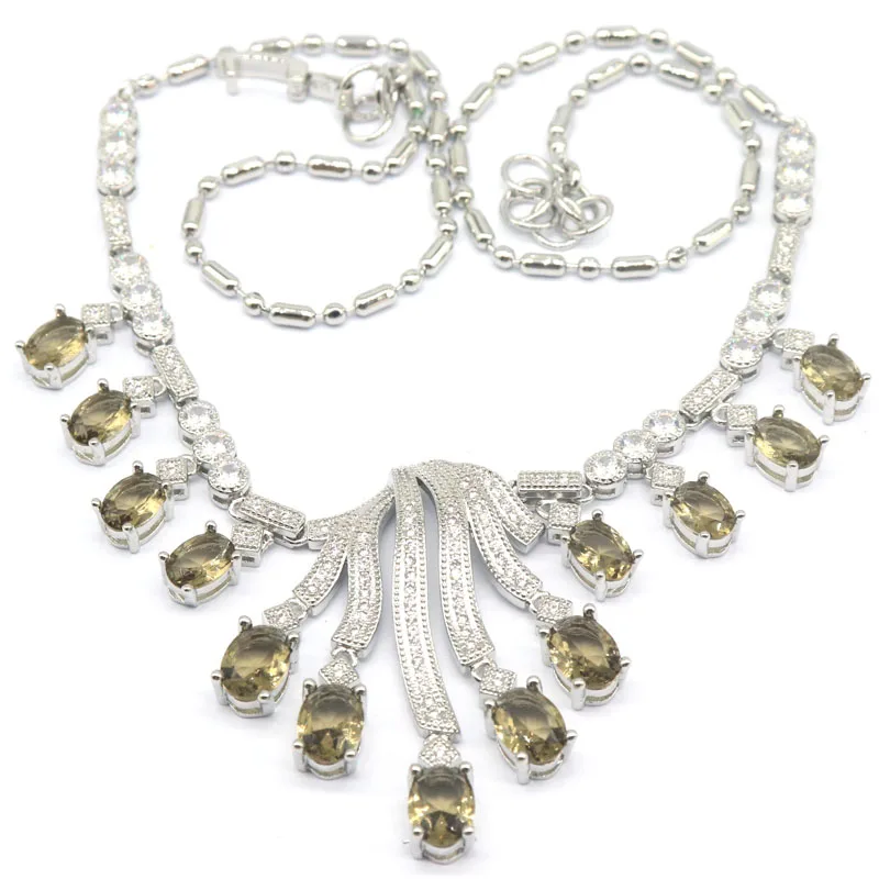 41x27mm Prevent Allergy 22.2g Purple Amethyst White Sapphire Smokey Topaz CZ Women Wedding Silver Necklace 17.5-18.5inch