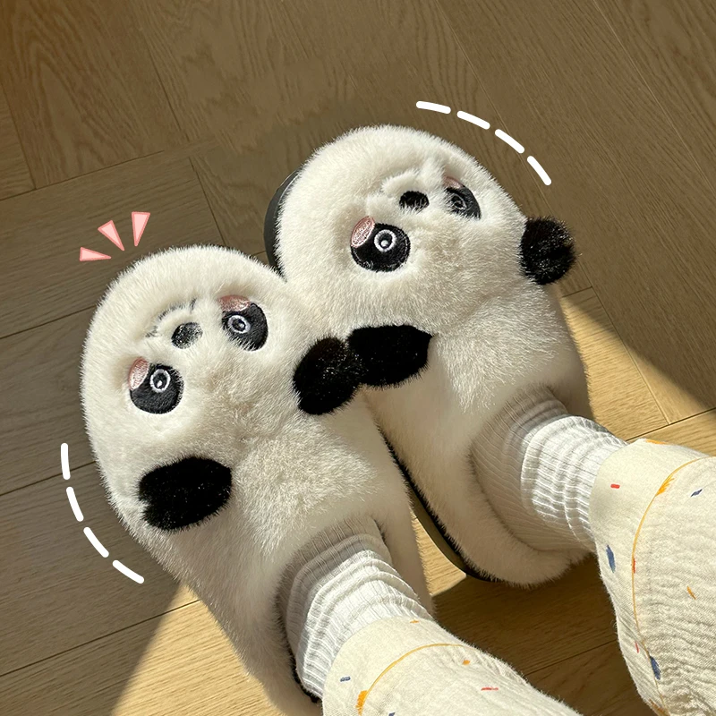 Cute Cartoon Panda Slippers Women 2024 Winter Warm Plush House Slippers Woman Comfortable Soft Sole Non Slip Indoor Home Slides