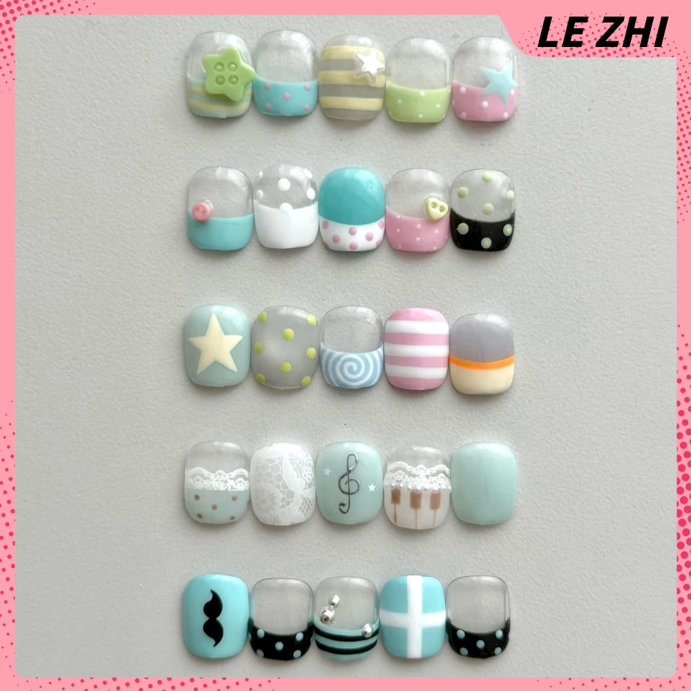 

Short Japanese Style Diy Handmade Press On Nail Art Sticker Summer Freshness Dot Stripe Pattern French Fake Nail Manicure