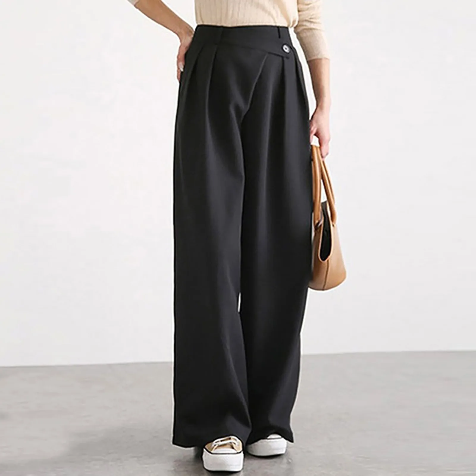 Women's 2024 Fashion Casual Pants Personalized Irregular Waistband Design Drape Wide Leg Pants Commuting Loose Long Pants