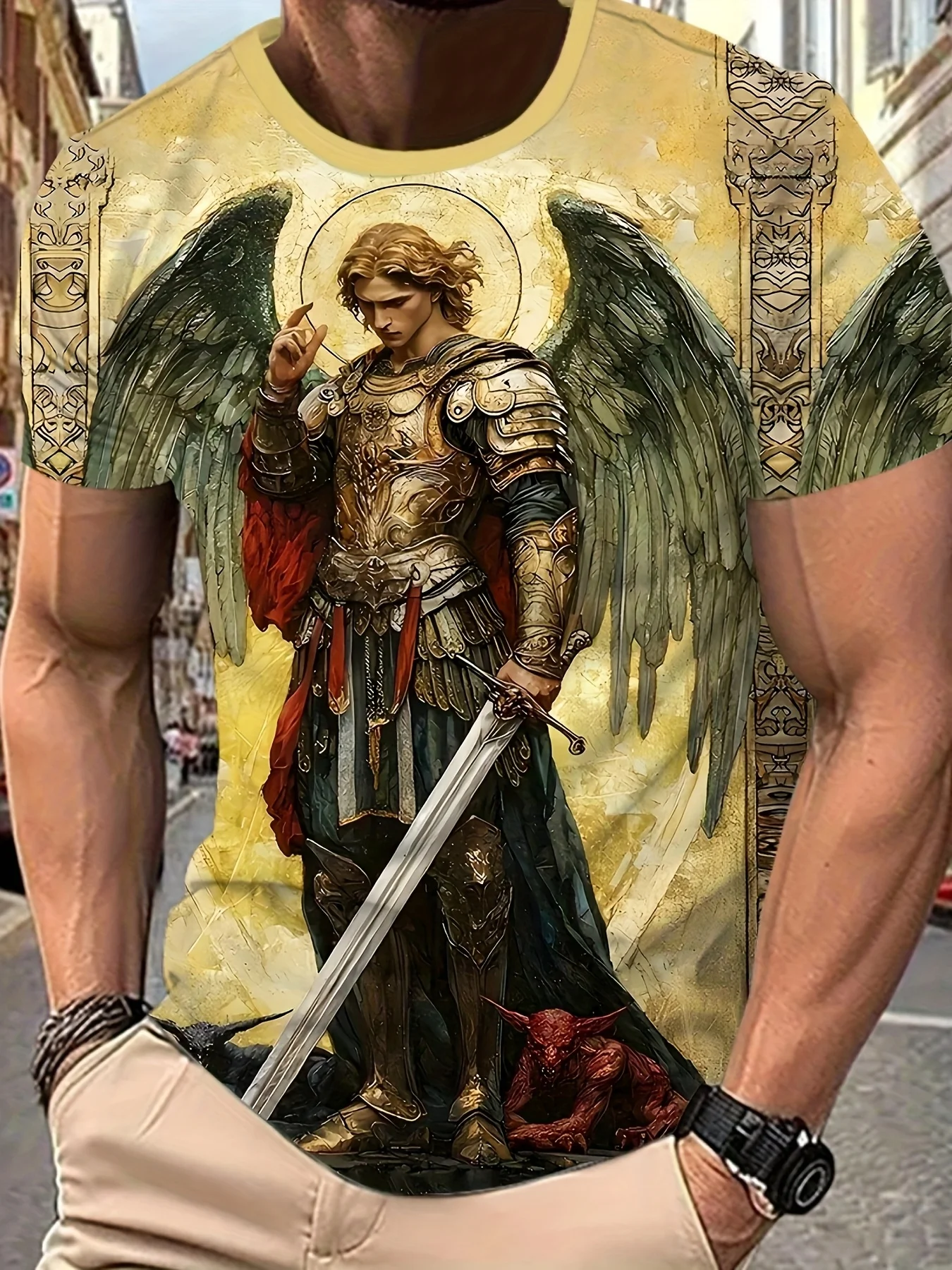 Herren-T-Shirt mit Rundhalsausschnitt, 3D-Druck, Erzengel, Heiliger Michael, Schwert, Dämon, Vintage-Kunstdruck, lässige Oberteile – Detail 2