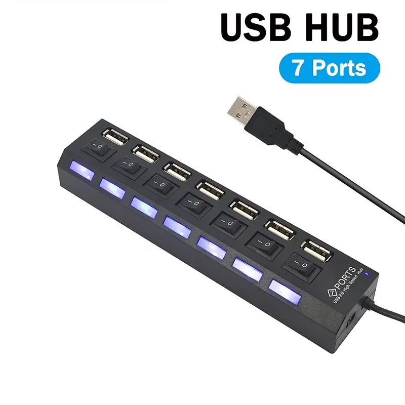 USB Switch Extension 7 Ports USB HUB Power Adapter USB Splitter Multiple Extender With LED Lamp Switch For PC Laptop Accessories
